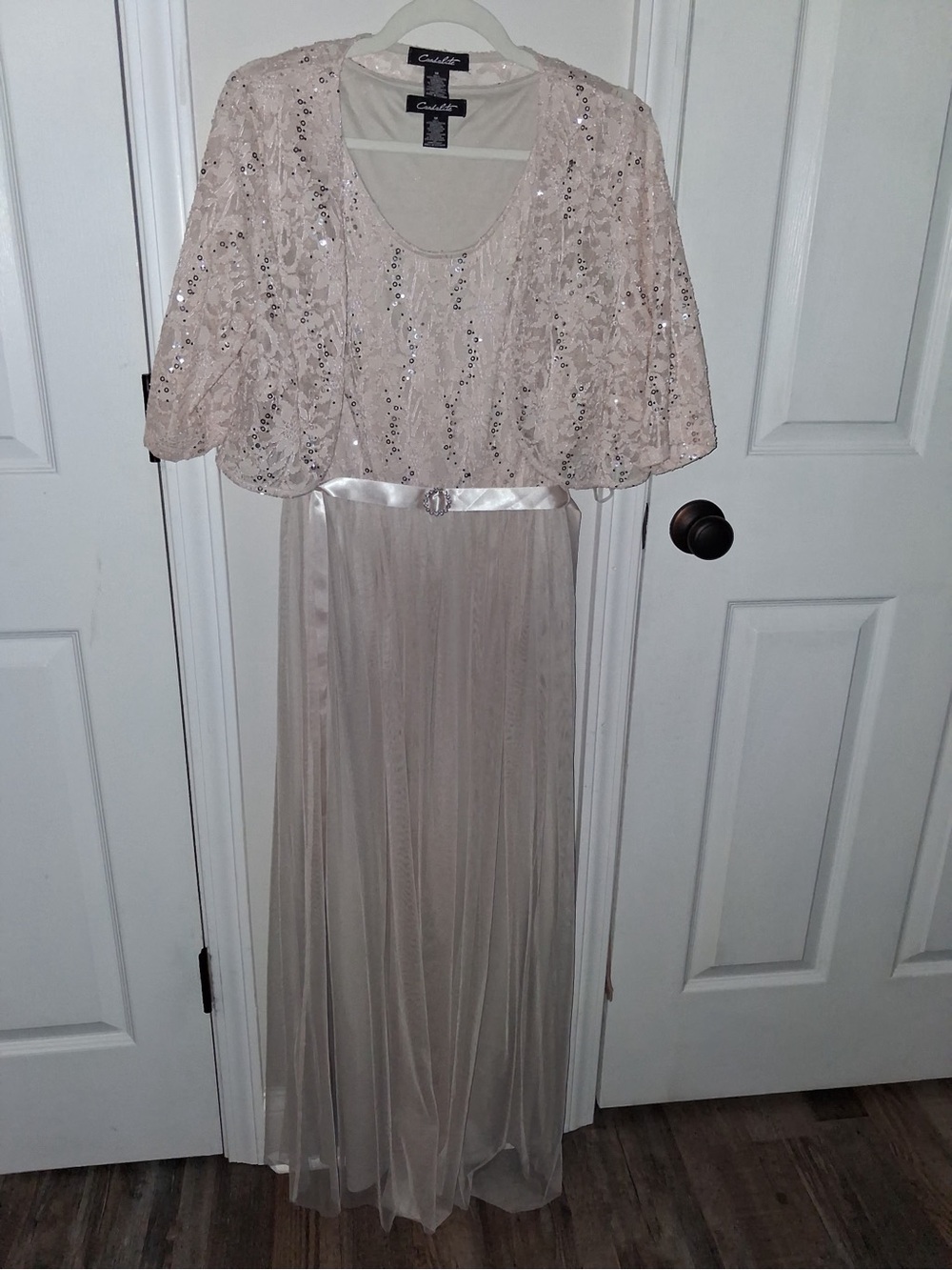 Candie's Champagne Sequin Overlay Evening Gown